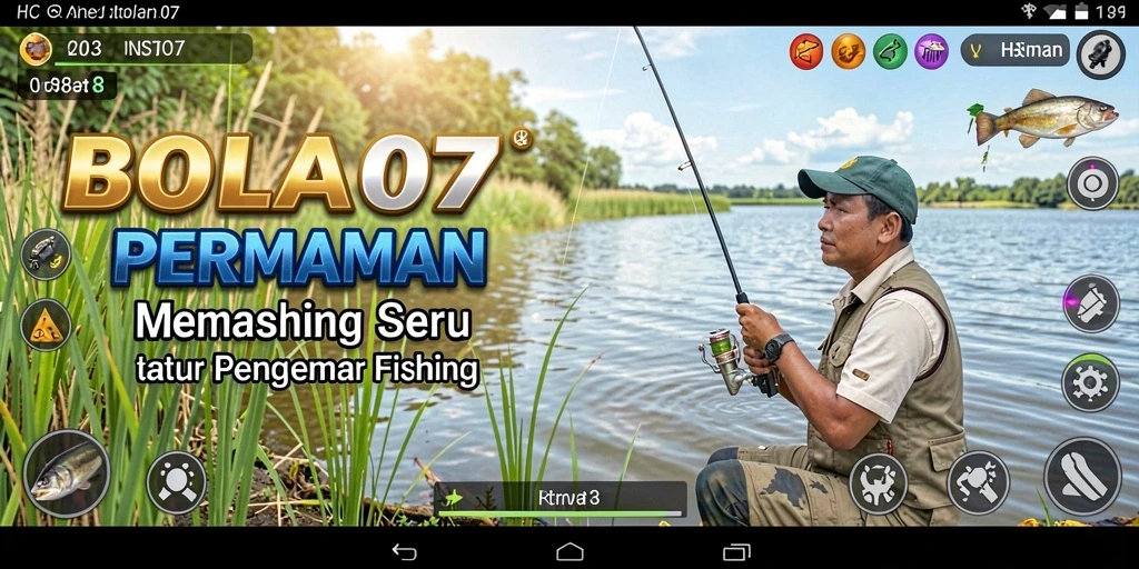 Tampilan gameplay BOLA07 dengan latar belakang laut dan aksi memancing.