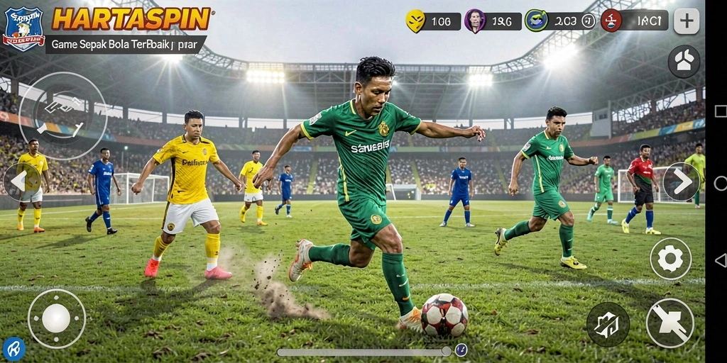 Screenshot gameplay HARTASPIN menampilkan aksi sepak bola yang mendebarkan.