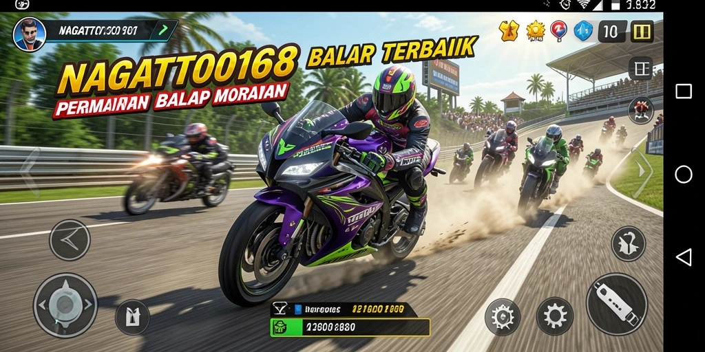 Tampilan layar NAGATOTO168 menunjukkan aksi balap motor yang mendebarkan.