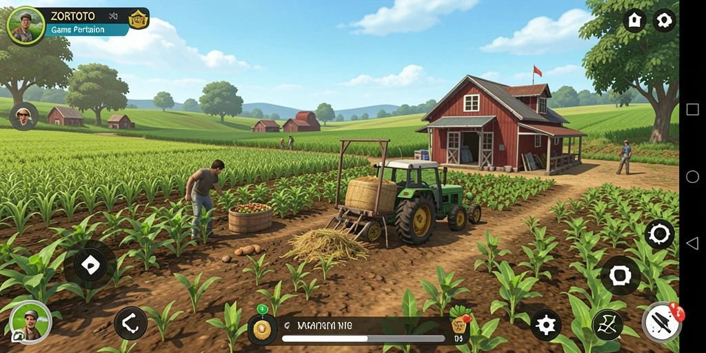 Tampilan gameplay ZORTOTO yang menunjukkan aktivitas bertani.